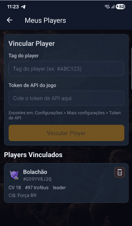 Clash Players app screen for linking players